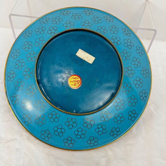 Vintage Japanese Cloisonne Jingfa Floral Enamel 9" Round Plate Turquoise Golden - Picture 8 of 15